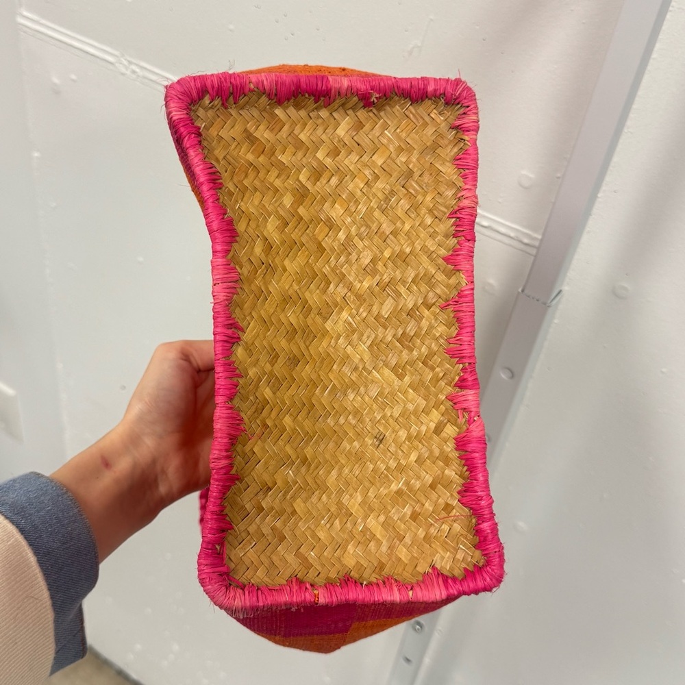Annabel Ingall Australia Wicker Pink and Orange Straw Tote Colorblock Mini Bag - Picture 4 of 9